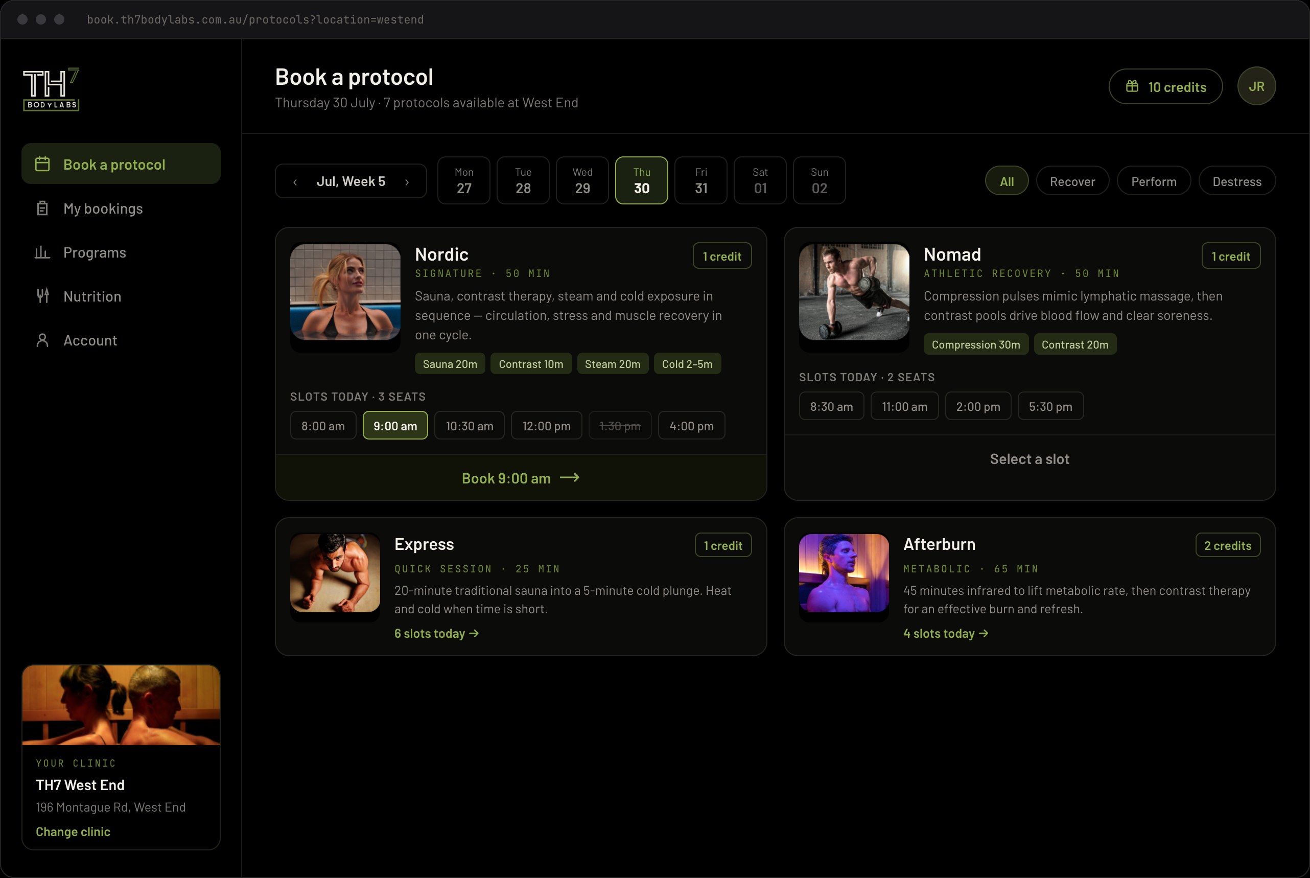 TH7 booking platform — protocol booking with live clinic availability