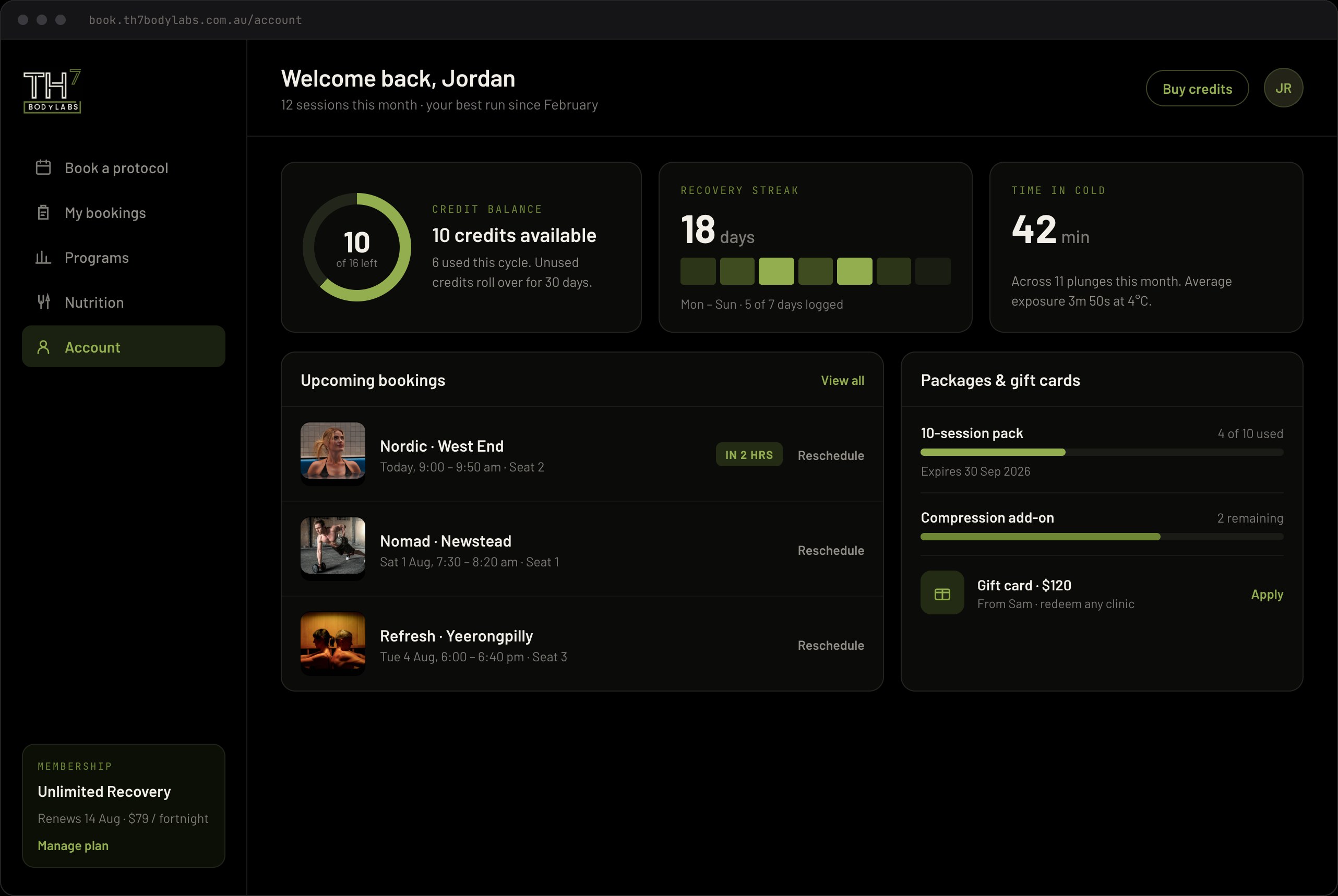 TH7 member dashboard — credit balance, streak and upcoming bookings