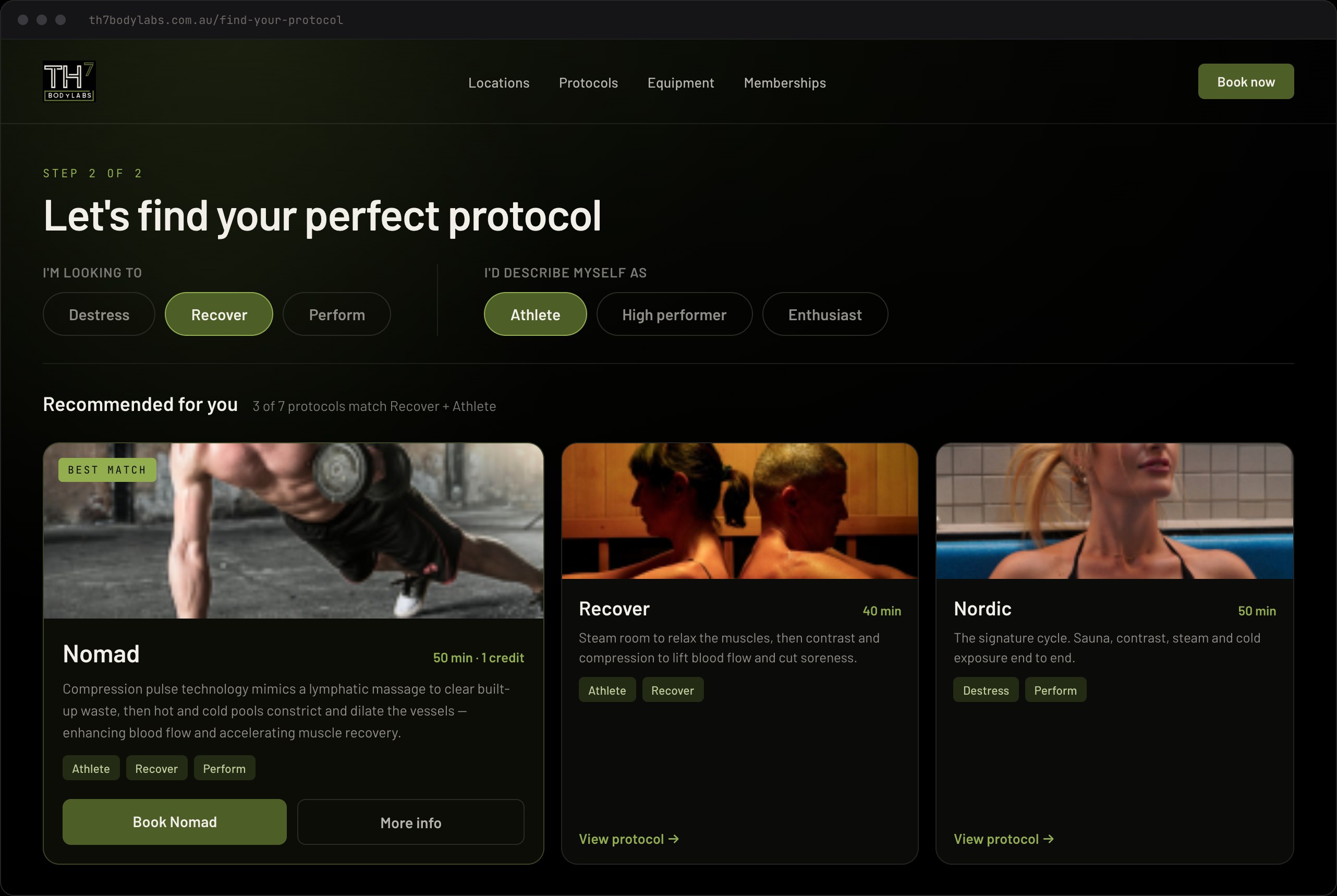 TH7 protocol finder — goal and persona filtering to a recommended protocol